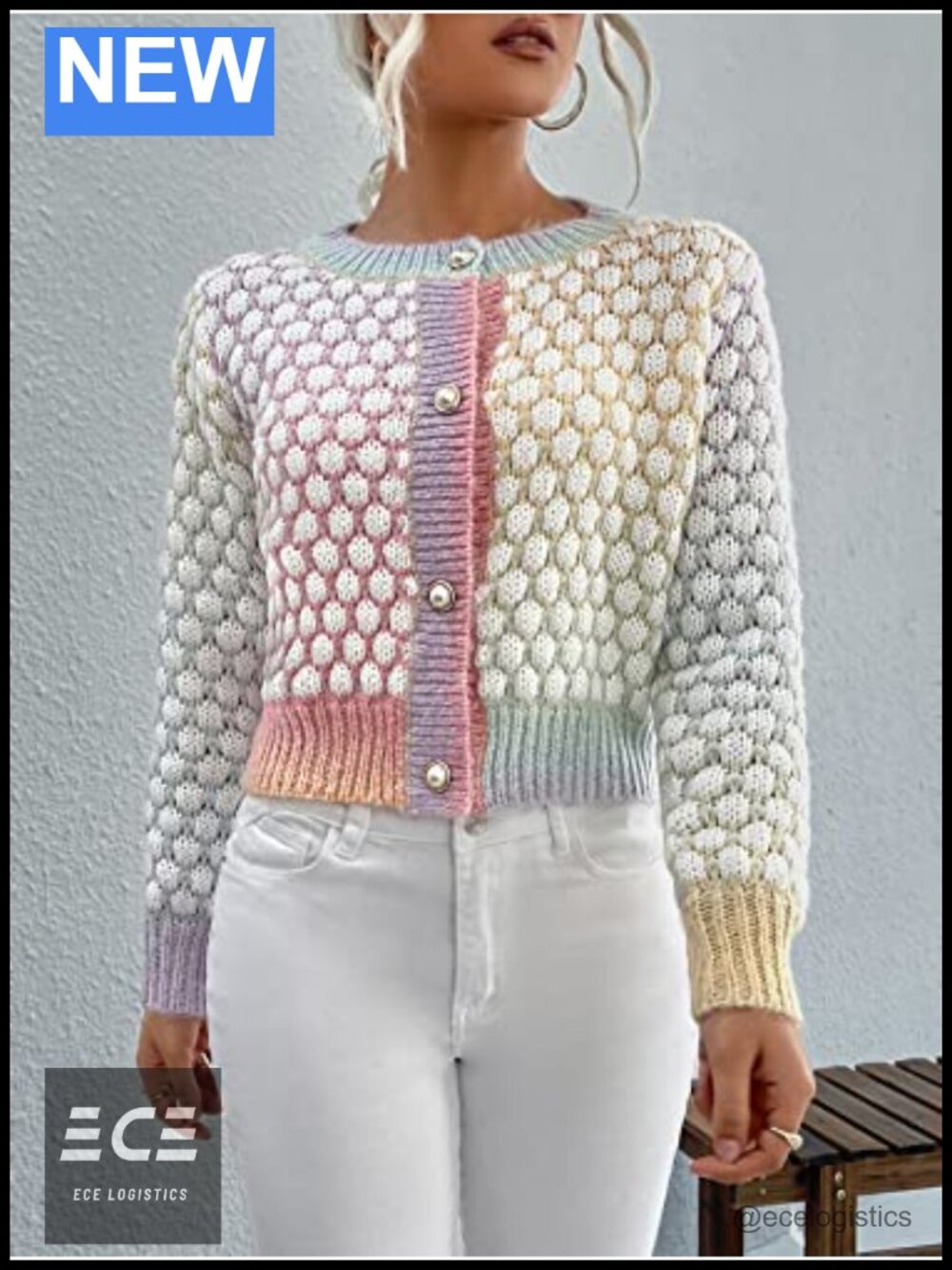 Cropped Button Up Cardigan Tweed Pearl-Button Knit Layering Top - Picture 3 of 6